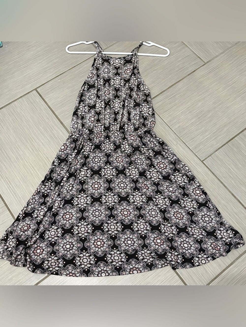French Grey Black & White Printed Midi Halter Dress
